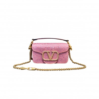 VALENTINO GARAVANI LOCÒ PINK SMALL RHINESTONES SHOULDER BAG (20*11*5cm) VALENTINO GARAVANI LOCÒ PINK SMALL RHINESTONES SHOULDER BAG (20*11*5cm)