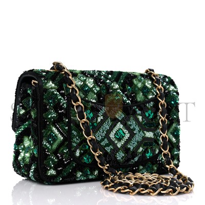 CHANEL SEQUIN MOSAIC MINI RECTANGULAR FLAP GREEN BLACK (20*11*8cm)