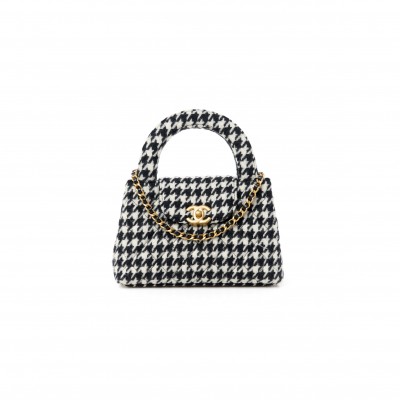 CHANEL TWEED HOUNDSTOOTH QUILTED NANO KELLY SHOPPER BLACK WHITE 1523860 (20*13*6cm)