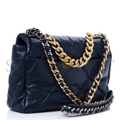 CHANEL LAMBSKIN QUILTED LARGE CHANEL 19 FLAP NAVY BLUE AS1161 (30*20*10cm)