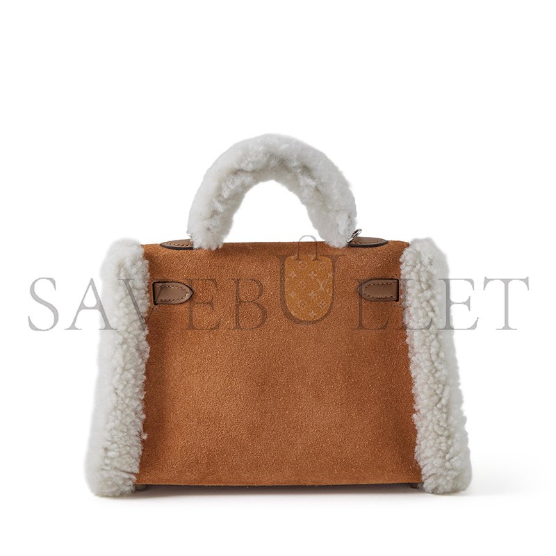 HERMES LIMITED EDITION ALEZAN SWIFT, CHAMOIS GRIZZLY AND ECRU SHEARLING TEDDY PLUSH MINI KELLY II 20 PALLADIUM HARDWARE H084115CKAC (19*12*6cm)
