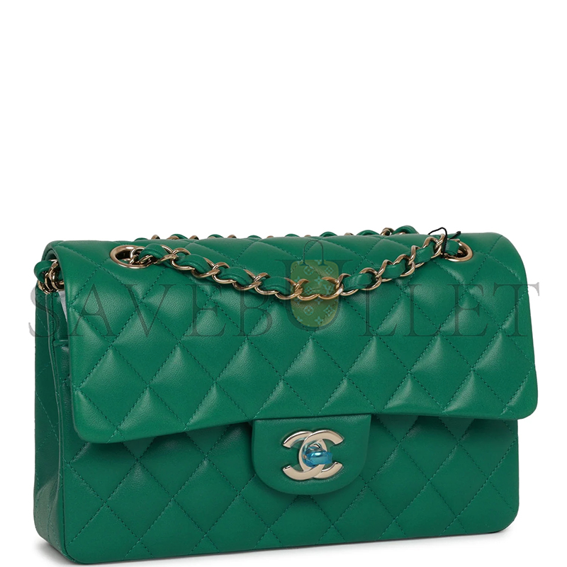 CHANEL SMALL CLASSIC DOUBLE FLAP BAG GREEN LAMBSKIN LIGHT GOLD HARDWARE 5961425 (23*13*6cm)