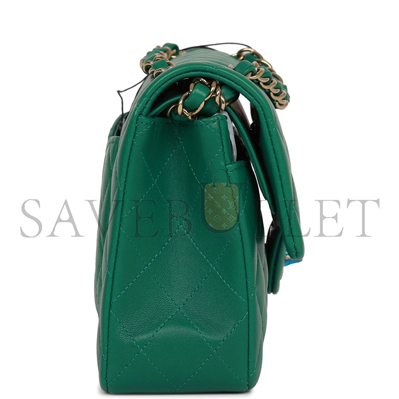 CHANEL SMALL CLASSIC DOUBLE FLAP BAG GREEN LAMBSKIN LIGHT GOLD HARDWARE 5961425 (23*13*6cm)