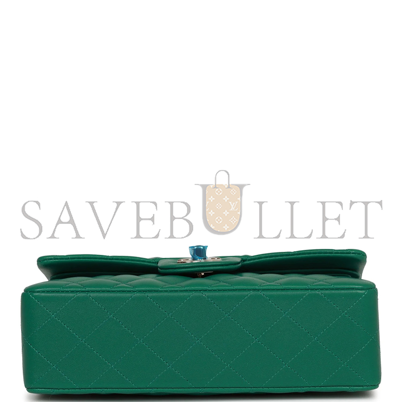 CHANEL SMALL CLASSIC DOUBLE FLAP BAG GREEN LAMBSKIN LIGHT GOLD HARDWARE 5961425 (23*13*6cm)