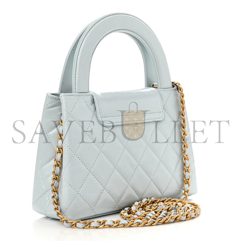 CHANELSHINY AGED CALFSKIN QUILTED NANO KELLY SHOPPER LIGHT BLUE AS4461 01 (19*13*6cm)