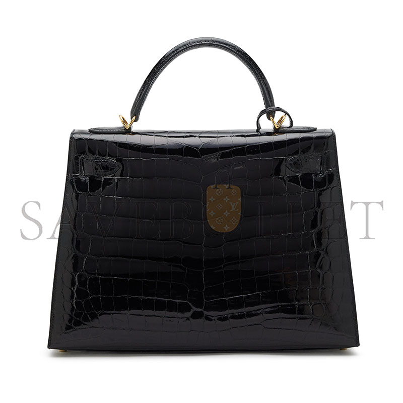 HERMÈS BLACK SHINY NILOTICUS CROCODILE SELLIER KELLY 32 GOLD HARDWARE (32*23*11cm)