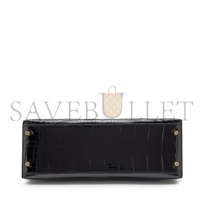 HERMÈS BLACK SHINY NILOTICUS CROCODILE SELLIER KELLY 32 GOLD HARDWARE (32*23*11cm)