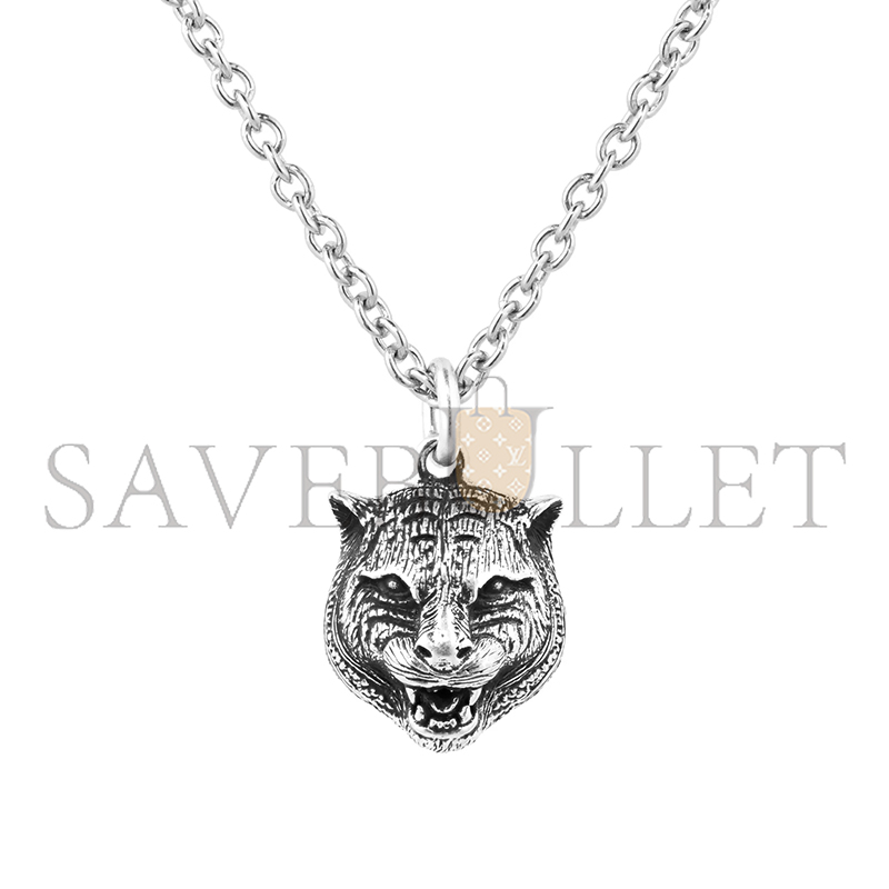 GUCCI ANGER FOREST FELINE HEAD DARK FINISH SILVER NECKLACE 433608
