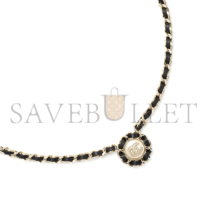 CHANEL NECKLACE METAL, LAMBSKIN, RESIN & DIAMANTÉ GOLD, BLACK, PEARLY WHITE & CRYSTAL ABG560 CHANEL NECKLACE METAL, LAMBSKIN, RESIN & DIAMANTÉ GOLD, BLACK, PEARLY WHITE & CRYSTAL ABG560