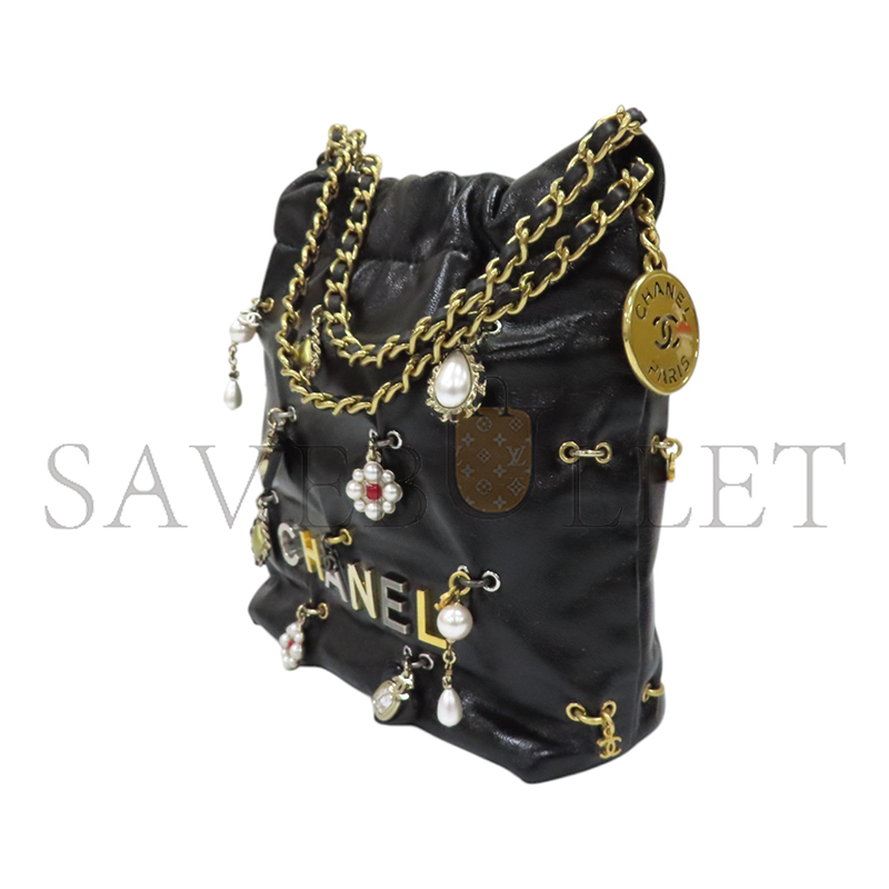 CHANEL 22 MINI CHARM SHOULDER HANDBAG CALFSKIN BLACK AS3980 (20*19*6cm)