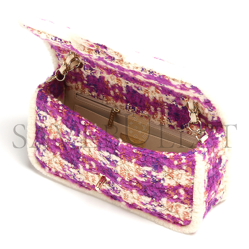 CHANEL LARGE FLAP BAG TWEED, SHEARLING LAMBSKIN & GOLD-TONE METAL FUSCHIA, PINK, BEIGE & BROWN AS5686 (26.5*16.5*9cm) CHANEL LARGE FLAP BAG TWEED, SHEARLING LAMBSKIN & GOLD-TONE METAL FUSCHIA, PINK, BEIGE & BROWN AS5686 (26.5*16.5*9cm)