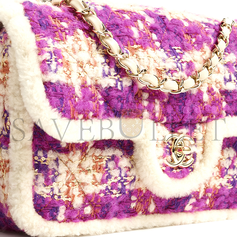 CHANEL LARGE FLAP BAG TWEED, SHEARLING LAMBSKIN & GOLD-TONE METAL FUSCHIA, PINK, BEIGE & BROWN AS5686 (26.5*16.5*9cm) CHANEL LARGE FLAP BAG TWEED, SHEARLING LAMBSKIN & GOLD-TONE METAL FUSCHIA, PINK, BEIGE & BROWN AS5686 (26.5*16.5*9cm)
