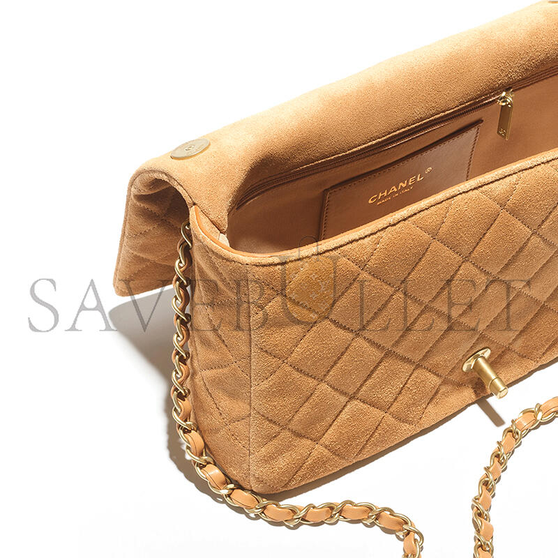 CHANEL FLAP BAG SUEDE CALFSKIN, LAMBSKIN & GOLD-TONE METAL DARK BEIGE AS5987 (26*18*7cm) CHANEL FLAP BAG SUEDE CALFSKIN, LAMBSKIN & GOLD-TONE METAL DARK BEIGE AS5987 (26*18*7cm)