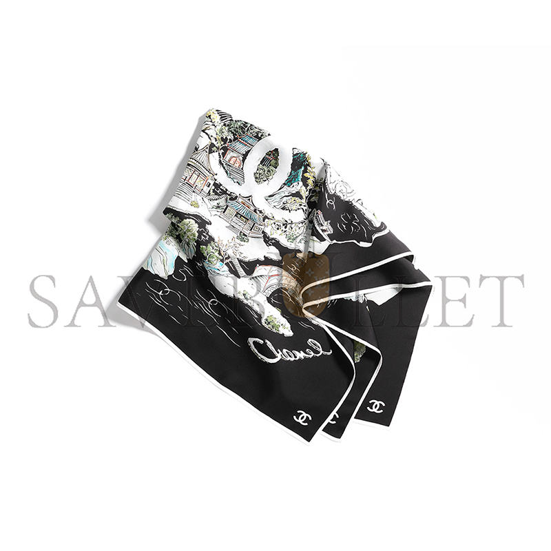 CHANEL SQUARE SCARF SILK TWILL BLACK, MULTICOLOR & WHITE AAB102 (90*90cm)