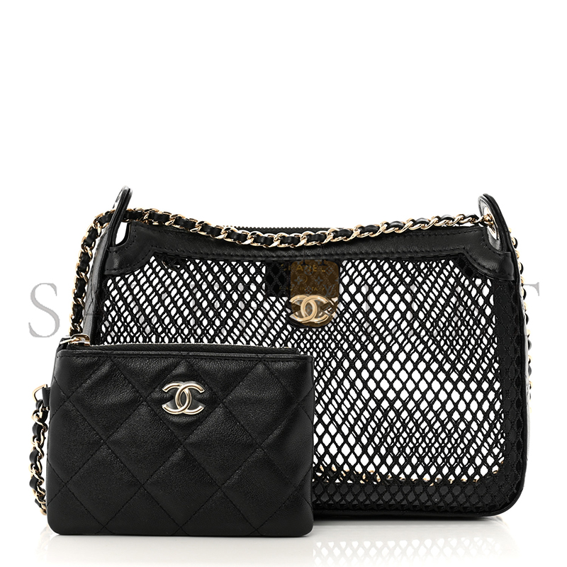 CHANEL MESH SHINY LAMBSKIN CLUTCH WITH CHAIN BLACK 1667264 (21*15*5cm)