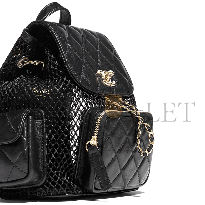 CHANE BACKPACK MESH, SHINY LAMBSKIN & GOLD-TONE METAL BLACK AS5484 (25*23*14cm) CHANE BACKPACK MESH, SHINY LAMBSKIN & GOLD-TONE METAL BLACK AS5484 (25*23*14cm)