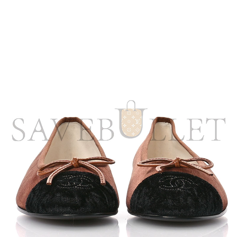 CHANEL VELVET CAP TOE CC BALLERINA FLATS 38 BROWN BLACK 1672122