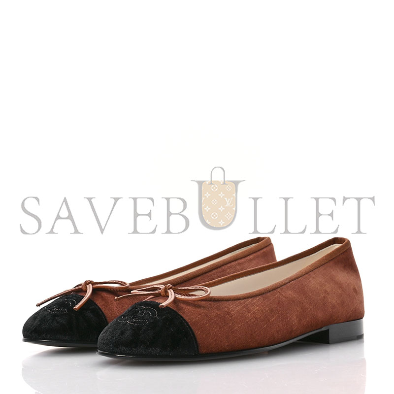 CHANEL VELVET CAP TOE CC BALLERINA FLATS 38 BROWN BLACK 1672122