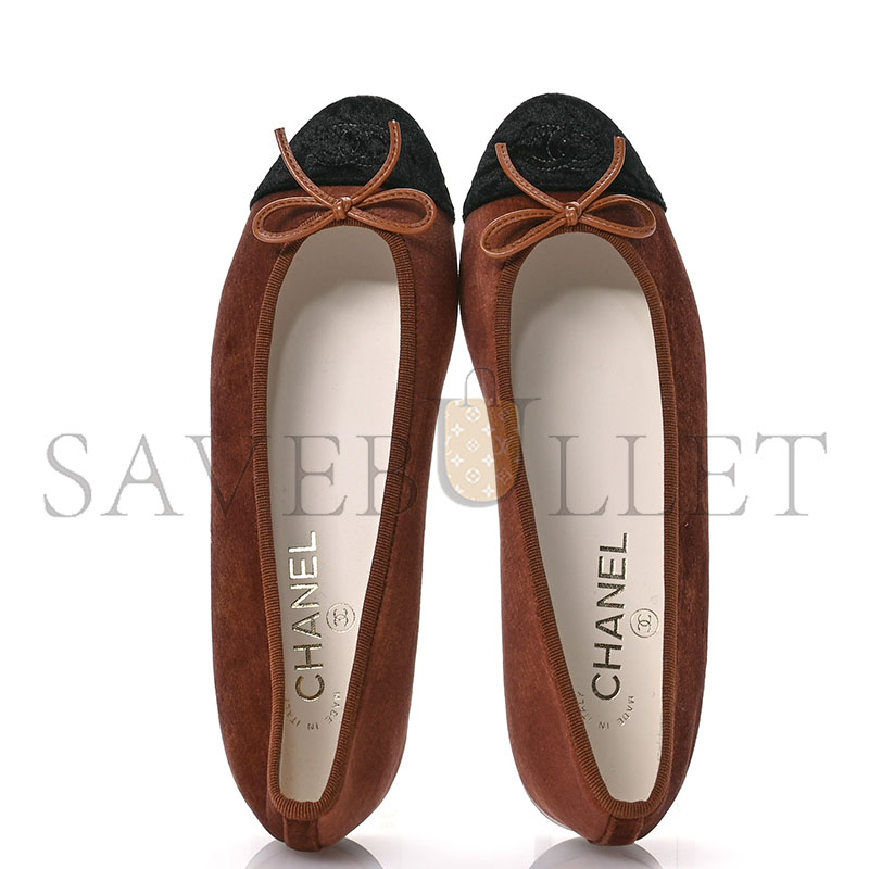 CHANEL VELVET CAP TOE CC BALLERINA FLATS 38 BROWN BLACK 1672122