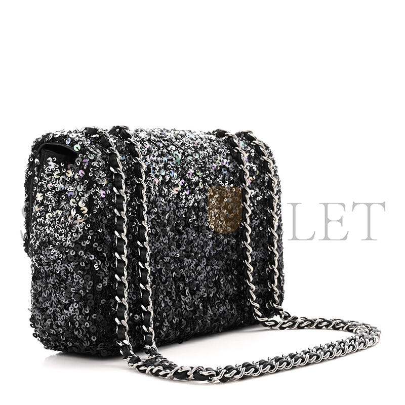 CHANEL SEQUIN MINI RECTANGULAR FLAP BLACK SILVER AS3965 (20*15*7cm)