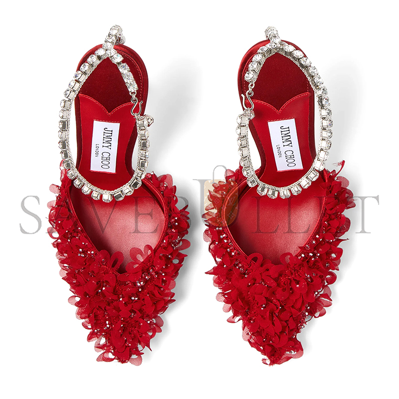 JIMMY CHOO SAEDA 100 RUBY RED MESH PUMPS WITH PETAL EMBROIDERY SAEDA100BSR JIMMY CHOO SAEDA 100 RUBY RED MESH PUMPS WITH PETAL EMBROIDERY SAEDA100BSR