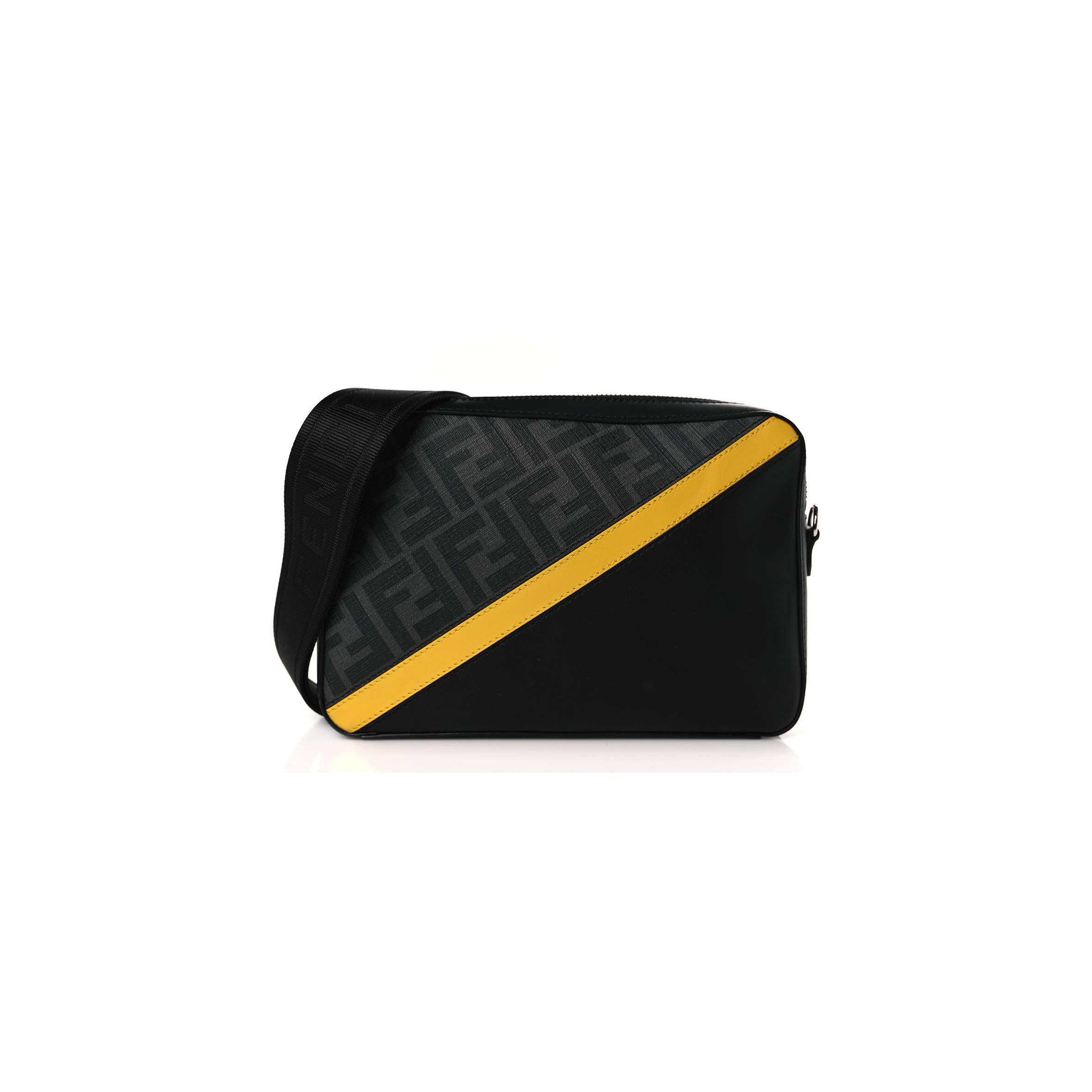 FENDI GLAZED FABRIC VITELLO LIBERTY FF 1974 DIAGONAL MEDIUM CAMERA CASE BLACK SUNFLOWER (23*15*4cm)
